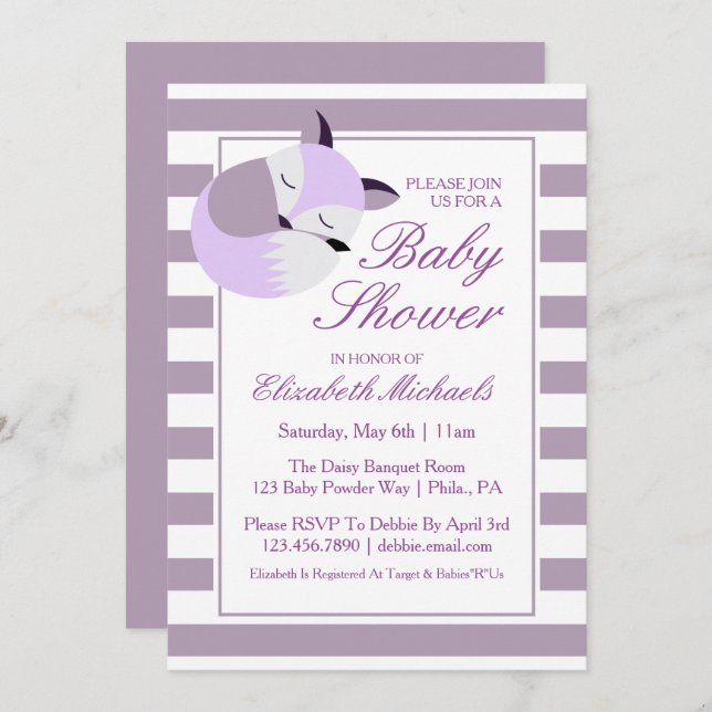Purple Baby Shower Fox Invitation (Front/Back)