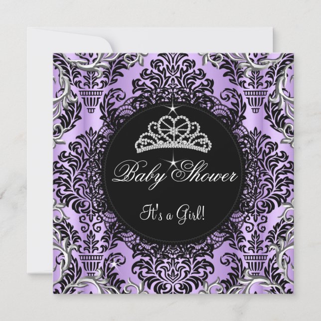 Purple Baby Shower Girl Princess Tiara Black Lace Invitation (Front)