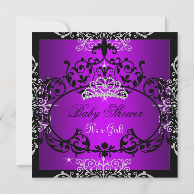 Purple Baby Shower Girl Princess Tiara Black Lace Invitation (Front)