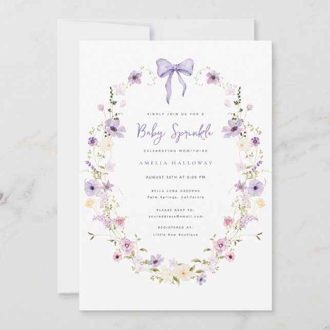 Purple Baby Sprinkle Spring Wildflower Invitation  (Front)
