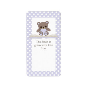 Purple Baby Teddy Bear & Book Gift Bookplate Label