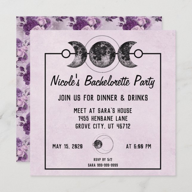 Purple Bachelorette Party Invite Goth Wicca Pagan (Front/Back)