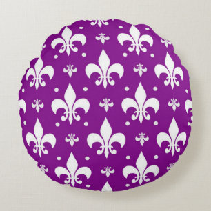 Purple Background Fleur-de-lis Pattern Design  Round Cushion