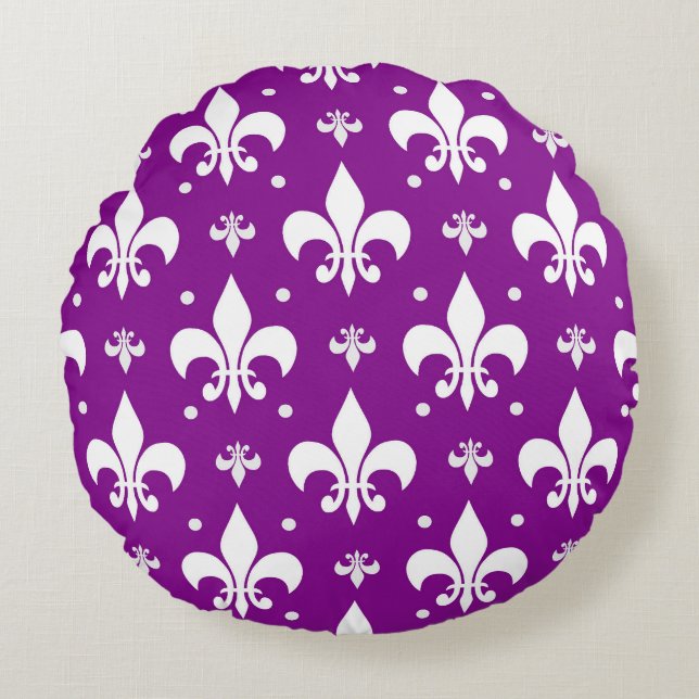 Purple Background Fleur-de-lis Pattern Design  Round Cushion (Front)
