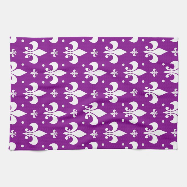 Purple Background Fleur-de-lis Pattern Design  Tea Towel (Horizontal)