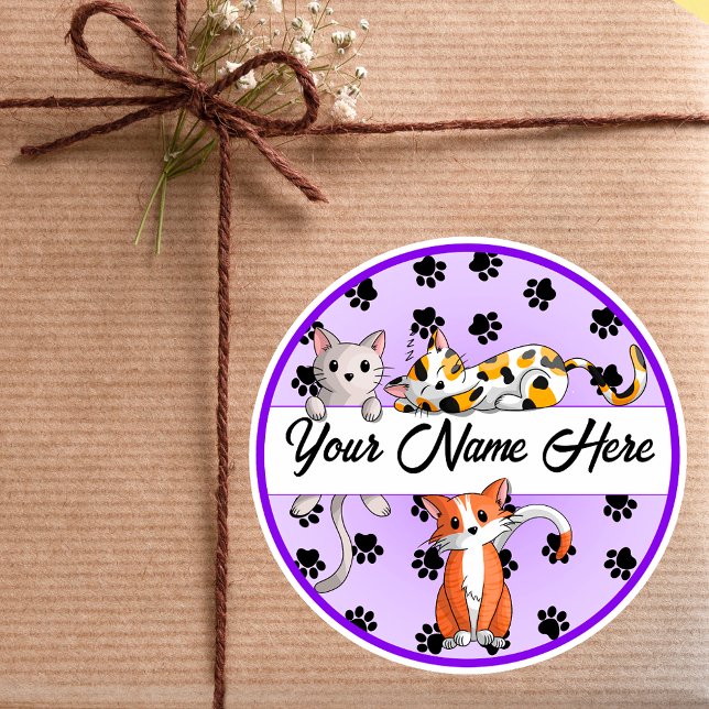 Purple background with Cute kittens Classic Round Sticker (Creator Uploaded)