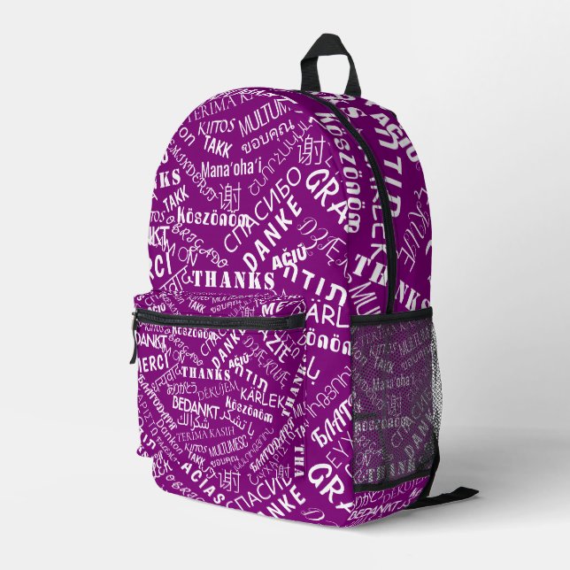 Purple Backpack with Multilingual THANK YOU Text (Back Corner Right)