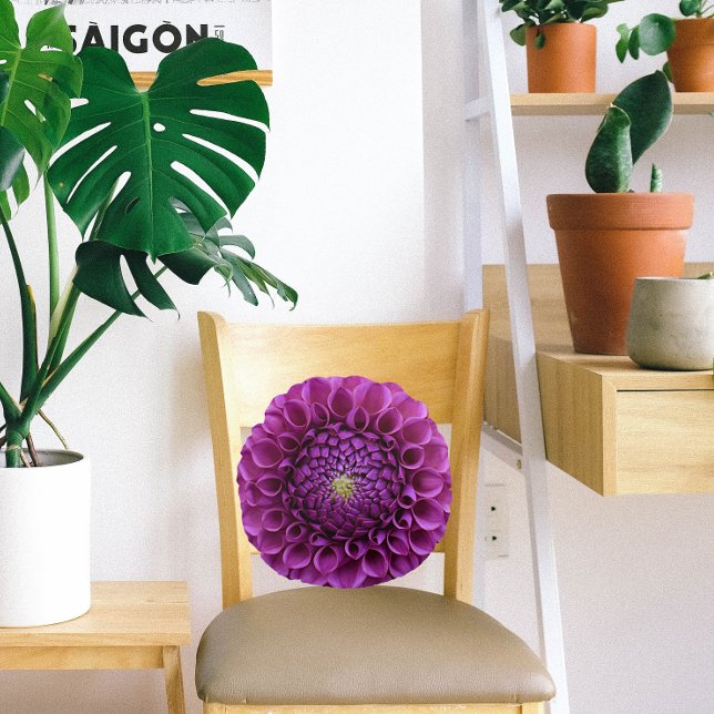 Purple Ball Dahlia Floral Round Cushion (In Situ Chair)