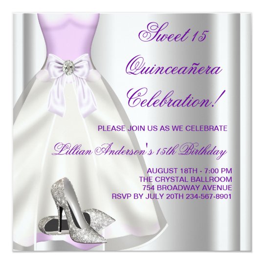 Purple Ball Gown High Heel Shoes Quinceanera Card