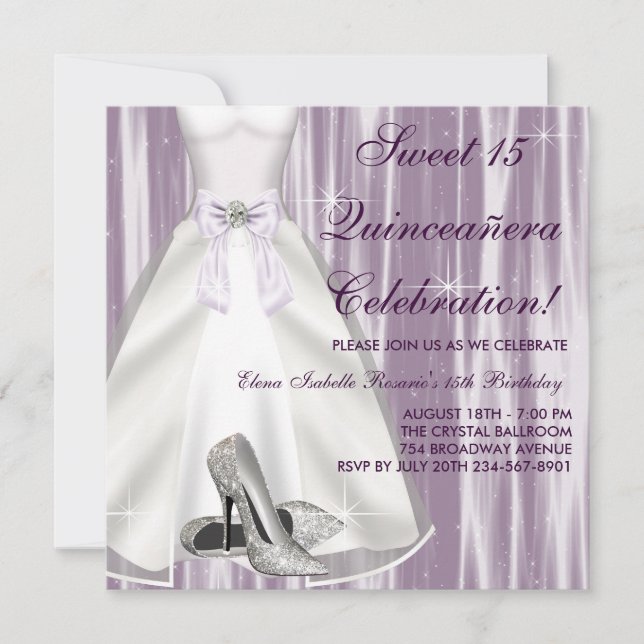 Purple Ball Gown High Heel Shoes Quinceanera Invitation (Front)