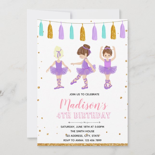 Purple ballerina birthday party invitation (Front)