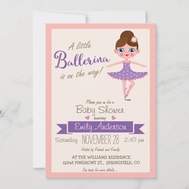 Purple Ballerina, Girl Baby Shower Invitation (Front)
