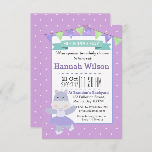 Purple Ballerina Hippo Baby Shower invitation (Front/Back)