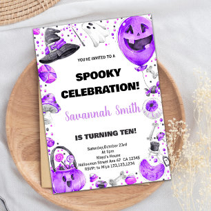 Purple Ballon Halloween Birthday Invitations
