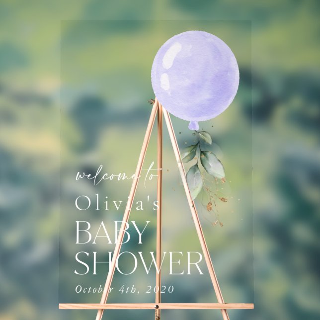 Purple Balloon, Eucalyptus, Baby Shower Welcome Acrylic Sign (Neutral)