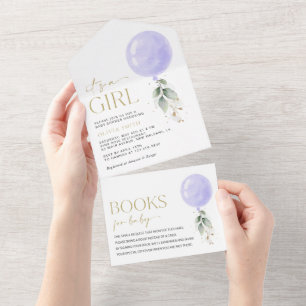 Purple Balloon, Eucalyptus, Greenery, Baby Shower All In One Invitation