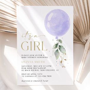Purple Balloon, Eucalyptus, Greenery, Baby Shower Invitation
