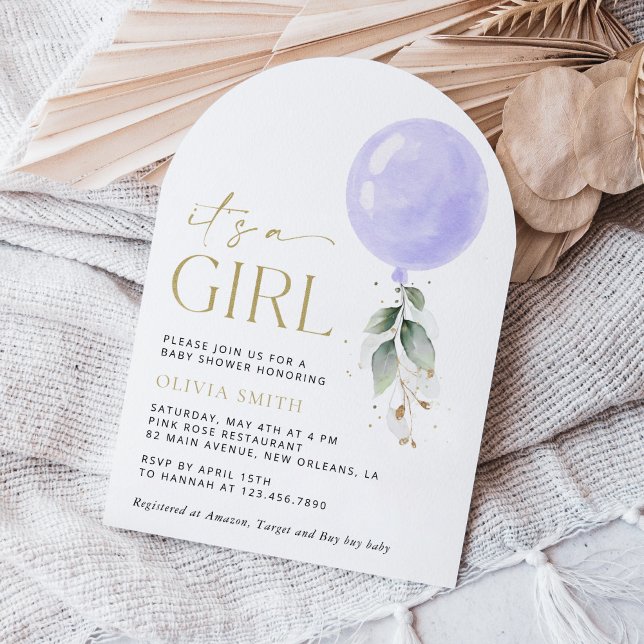 Purple Balloon, Eucalyptus, Greenery, Baby Shower Invitation (Creator Uploaded)