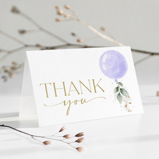 Purple Balloon, Eucalyptus, Greenery, Baby Shower Thank You Card (Creator Uploaded)