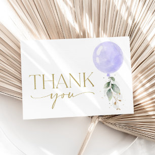 Purple Balloon, Eucalyptus, Greenery, Baby Shower Thank You Card
