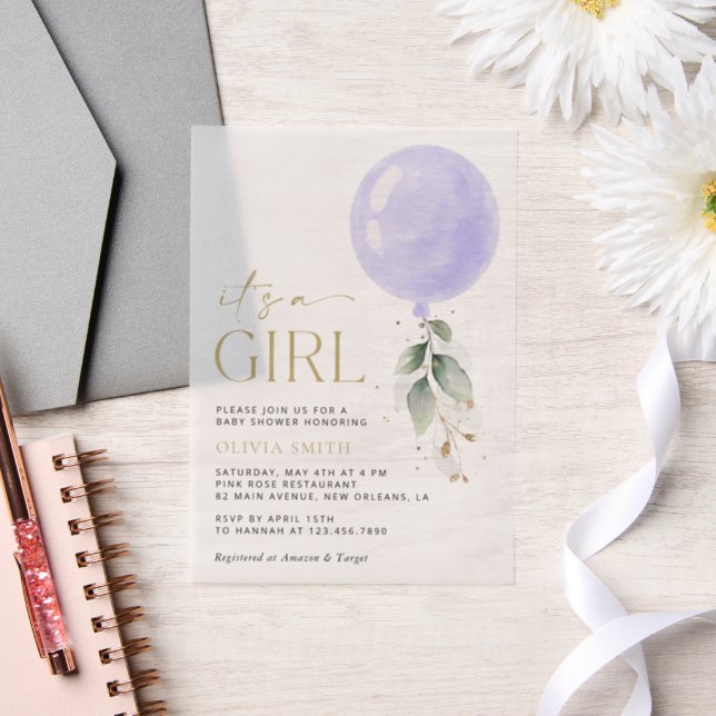 Purple Balloon, Eucalyptus, Greenery, Baby Shower Vellum Invitations (Wedding)