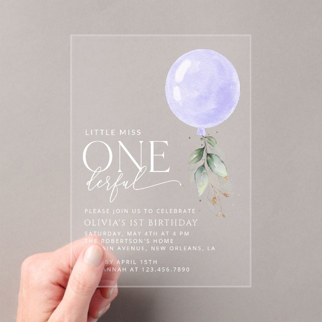 Purple Balloon, Greenery, Foliage, First Birthday Acrylic Invitations (Insitu (Handheld))