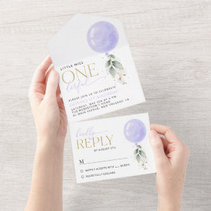 Purple Balloon, Greenery, Foliage, First Birthday All In One Invitation