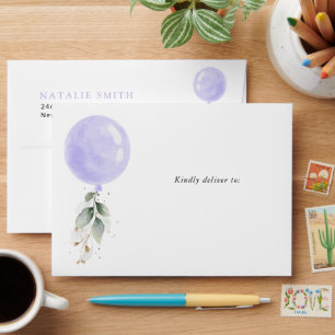 Purple Balloon, Greenery, Foliage, First Birthday Envelope