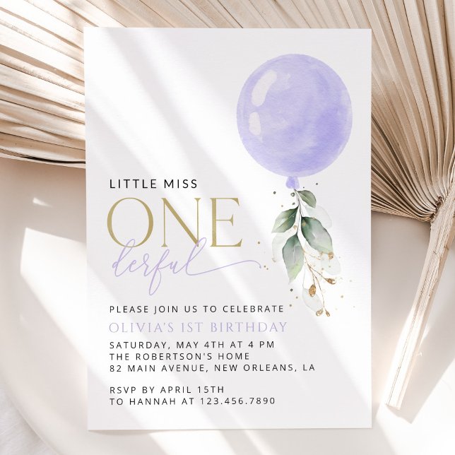 Purple Balloon, Greenery, Foliage, First Birthday Invitation (Creator Uploaded)