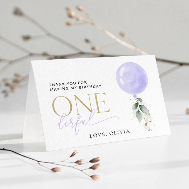 Purple Balloon, Greenery, Foliage, First Birthday Thank You Card (Creator Uploaded)