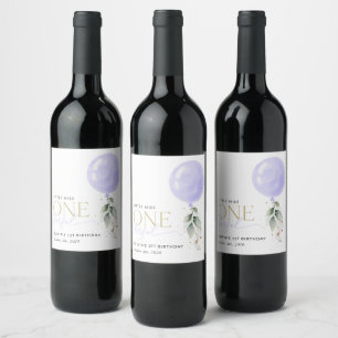 Purple Balloon, Greenery, Foliage, First Birthday Wine Label