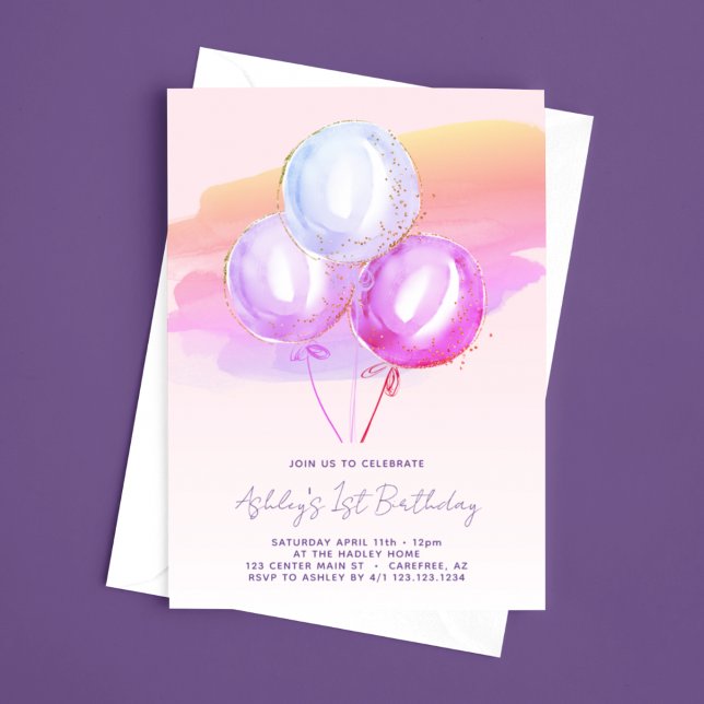 Purple Balloons Girls 1st Birthday Invitation (Creator Uploaded)