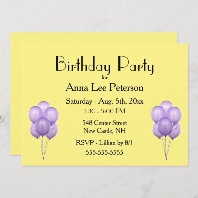 Purple Balloons Invitation (Front/Back)