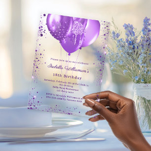 Purple balloons luxury birthday clear acrylic invitations