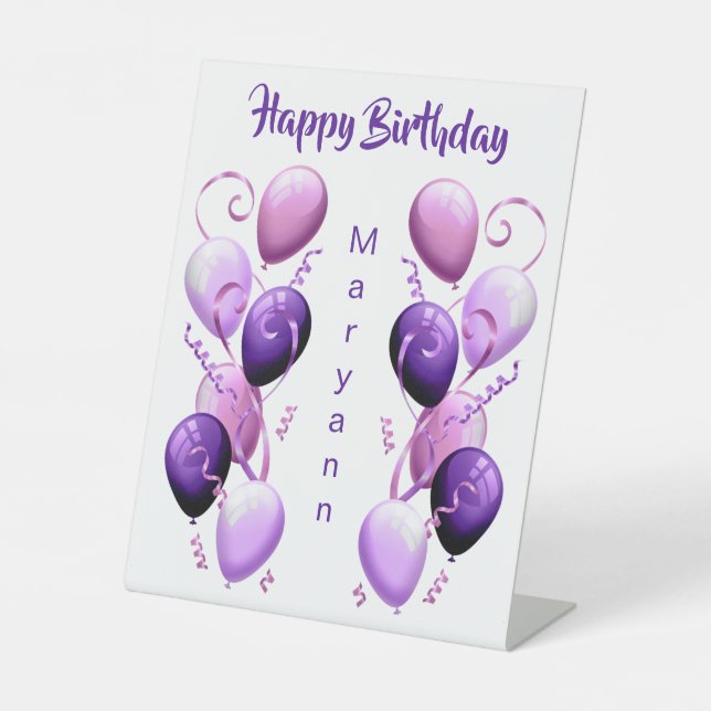 Purple Balloons Personalised Happy Birthday Pedestal Sign (Front)