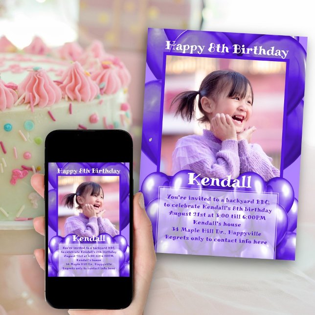 Purple Balloons Photo Birthday Party Invitations (Creator Uploaded)