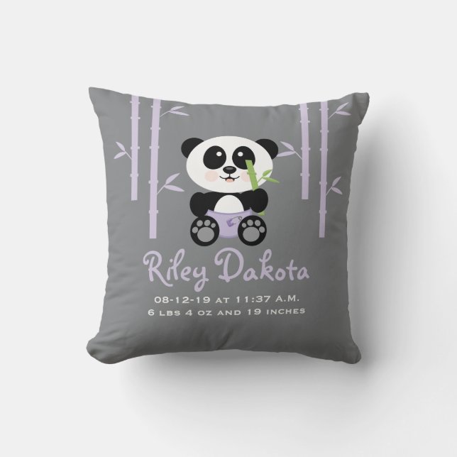 Purple Bamboo Panda Baby Announcement Pillow (Front)