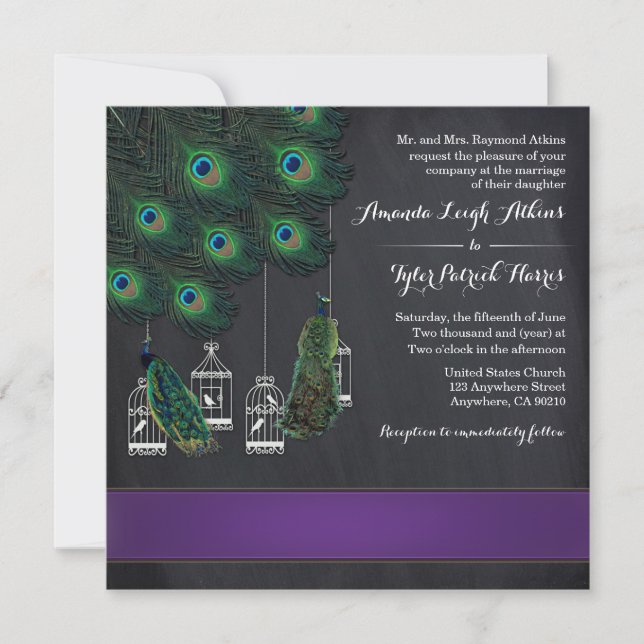 Purple Banded Peacock Feather Wedding Invitations (Front)