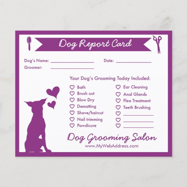 Purple Banner Silhouette Dog Grooming Report Card (Front)