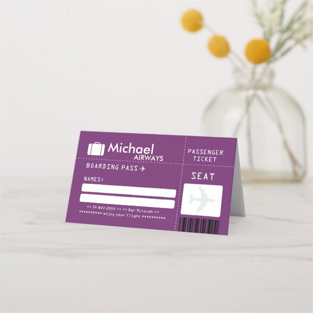 Purple Bar Mitzvah Airline Ticket Place Card (Front)
