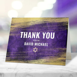 Purple Bar Mitzvah Modern Gold Foil Watercolor Thank You Card