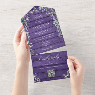 Purple Barn Rustic Wood Floral QR Code Wedding All In One Invitation