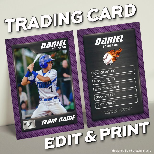 Purple Baseball Trading Card Baseball Player (Purple Baseball Trading Card, Custom Trading Card for Baseball Player and Teams)