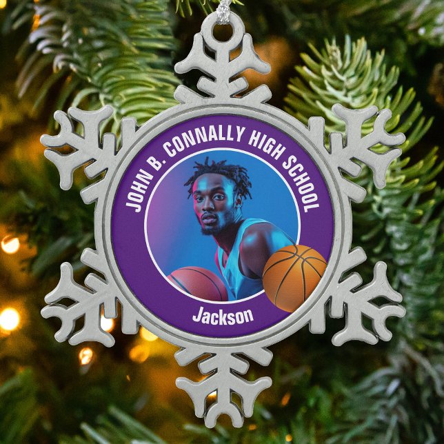Purple Basketball Player Photo Keepsake Gift Snowflake Pewter Christmas Ornament (Creator Uploaded)