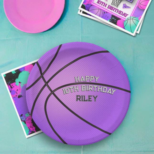 Purple Basketball Varsity Font Happy Birthday Name Paper Plate (Creator Uploaded)