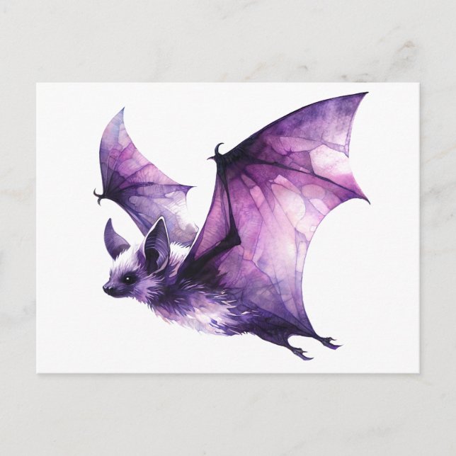 Purple Bat Flying Watercolor Art Postcard (Front)