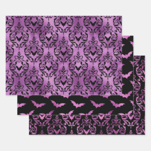 Purple Bat Halloween Damask Patterns Wrapping Paper Sheet