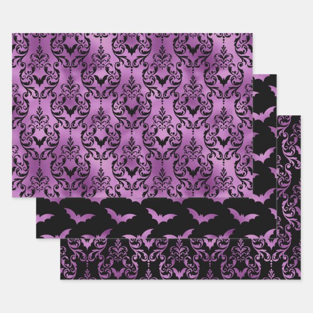 Purple Bat Halloween Damask Patterns Wrapping Paper Sheet (Set)