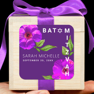 Purple Bat Mitzvah Bold Modern Floral Watercolor Square Sticker
