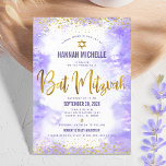 Purple Bat Mitzvah Gold Foil Watercolor Modern Invitation<br><div class="desc">Be proud, rejoice and showcase this milestone of your favourite Bat Mitzvah! Send out this stunning, modern, personalised invitation for an event to remember. Sparkly faux gold foil script, glitter dots. Star of David and typography script overlay a light purple watercolor background. Personalise the custom text with your Bat Mitzvah’s...</div>